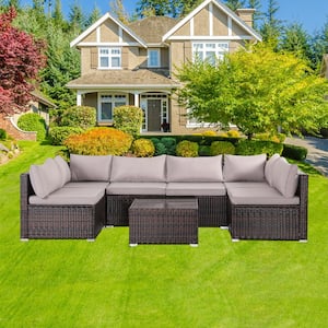 Brown 7-Piece Wicker Patio Conversation Set with Grey Cushions
