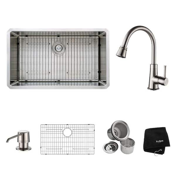 KRAUS All-in-One Undermount Stainless Steel 32x19x14.9 in. 0-Hole Single Bowl Kitchen Sink with Satin Nickel Accessories