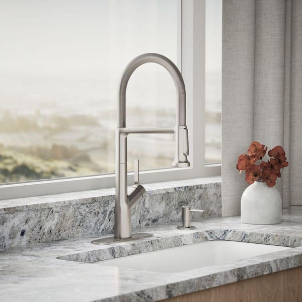 Setra Single-Handle Semi-Professional Kitchen Sink Faucet with Soap Dispenser in Vibrant Stainless