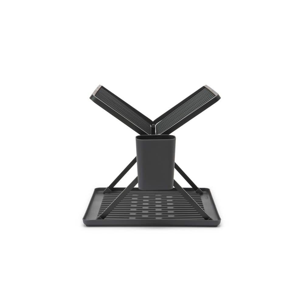 Compact Foldable Dark Gray Metal Dish Drying Rack with Utensil Cup