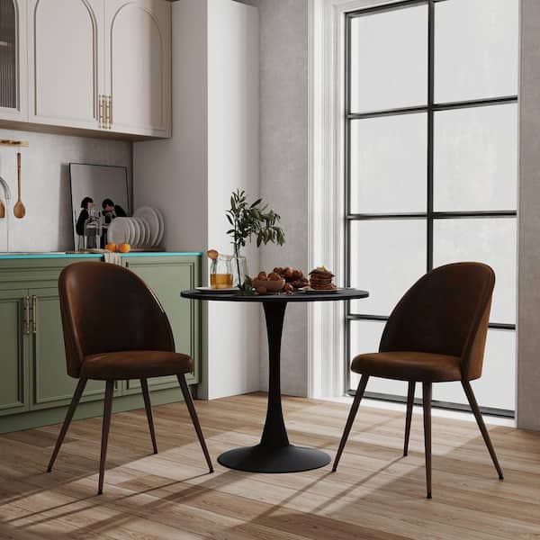 HTAOY 3-Piece Dining Set with Coffee Brown Suede Chairs and Walnut Metal Legs, Perfect for Small Spaces