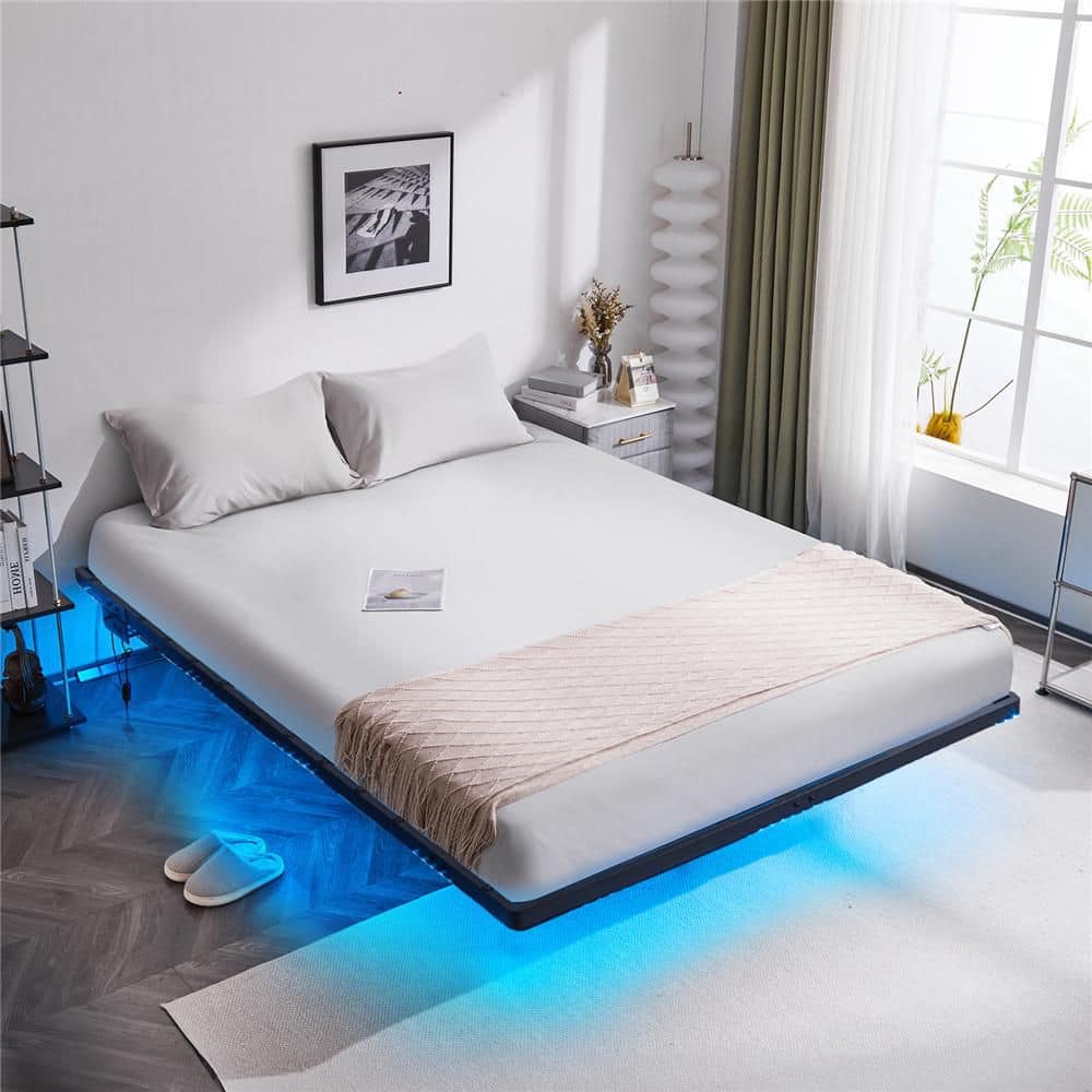 Black Queen Size Floating Bed Frame with Usb Charging Station/Led Light - thumbnail 2