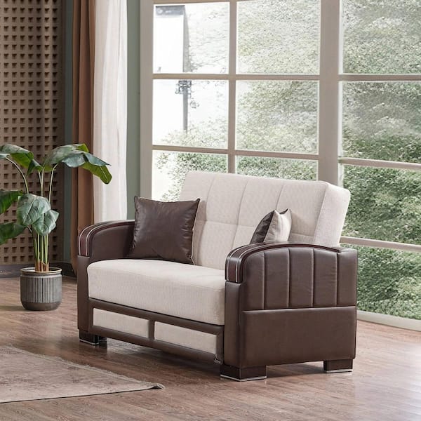 Maya Collection Convertible 62.59 in. Cream Chenille 2-Seat Loveseat with Storage