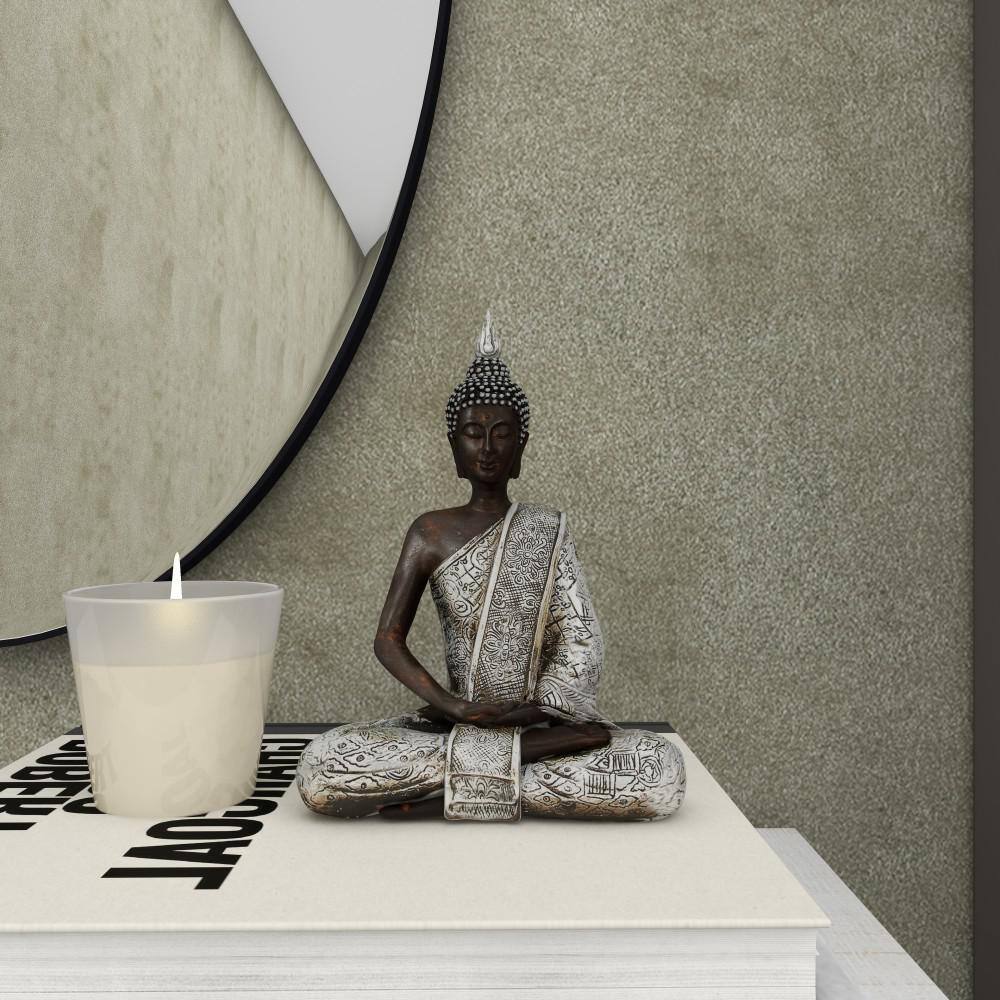 Black and Silver Polystone Meditating Buddha Statue with Engraved Patterns
