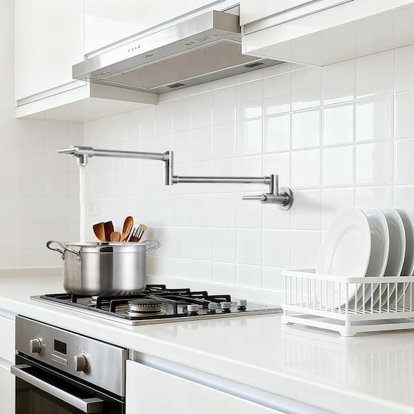 Contemporary Wall-Mounted Stainless Steel Pot Filler Kitchen Faucet with Dual Handles in Brushed Nickel