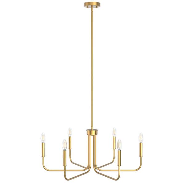 YANSUN 28 in. 6-Light Gold Farmhouse Rustic Candle Ceiling Chandelier Light, Adjustable Height for Dining Room