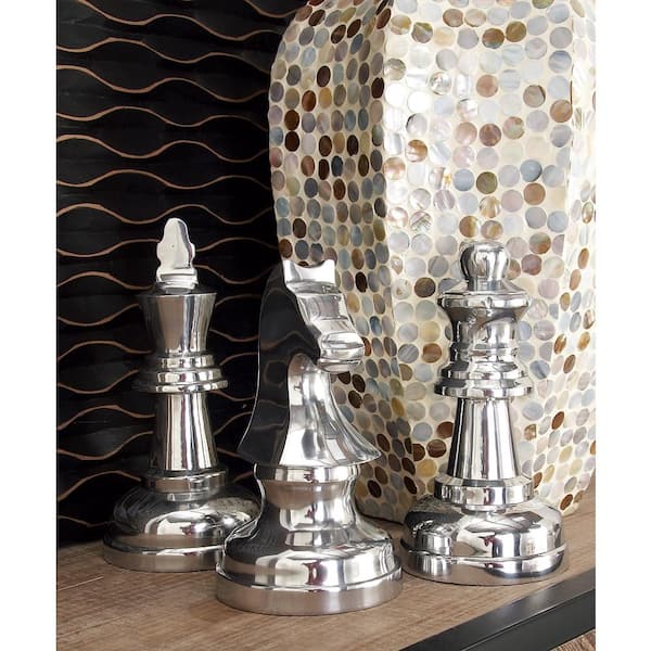 Silver Aluminum Chess Sculpture with Knight, Queen and King (Set of 3)