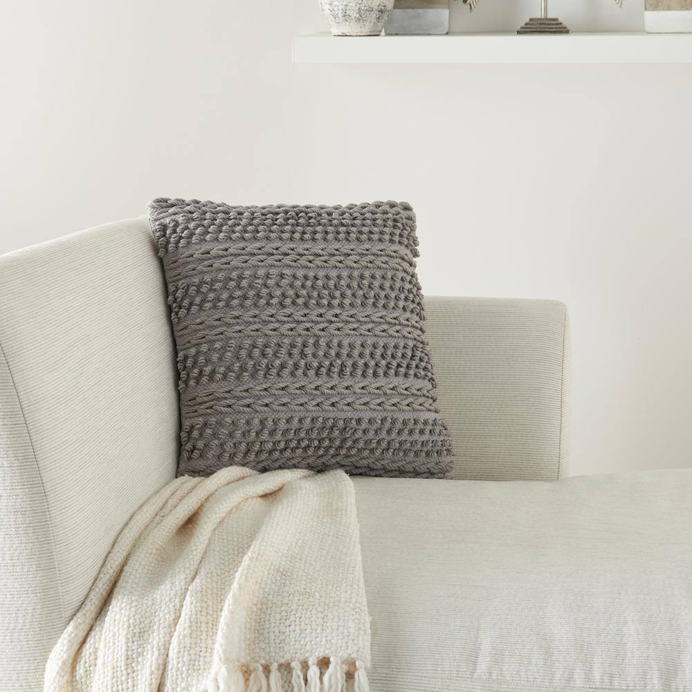 18" Light Gray Woven Striped Cotton Throw Pillow