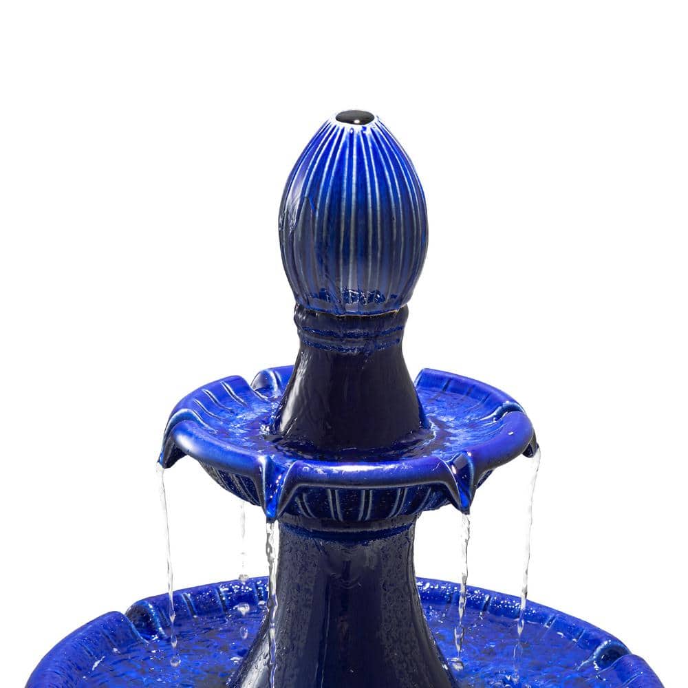 45.25" Cobalt Blue Ceramic 3-Tier Outdoor Fountain with LED Light