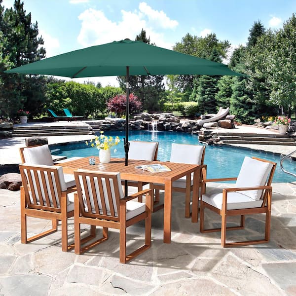 Pure Garden Weston 8-Piece Wood Outdoor Dining Table Set with 6-Chairs with Cushions, 10 ft. Rectangular Umbrella Hunter Green