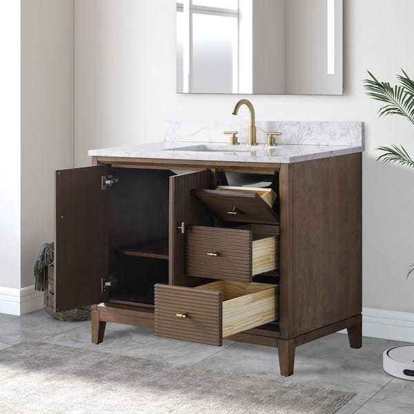 42 in. W x 34 in. H Single Sink Walnut Bath Vanity Cabinet with Arabescato White Engineered Marble Top