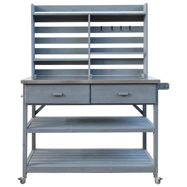 Unbranded 65 in. Grey Blue Outdoor Garden Solid Wood Potting Bench Table with Lockable Wheels, Stainless Steel Top