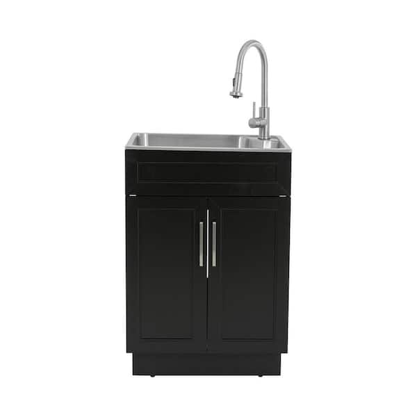 24 in. Drop-in Stainless Steel Laundry Sink with Cabinet Ready to Assemble in Black with Pull-Down Faucet