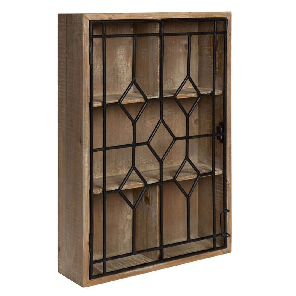 Rustic Brown Wooden Curio Cabinet with Lighted Black Iron Door