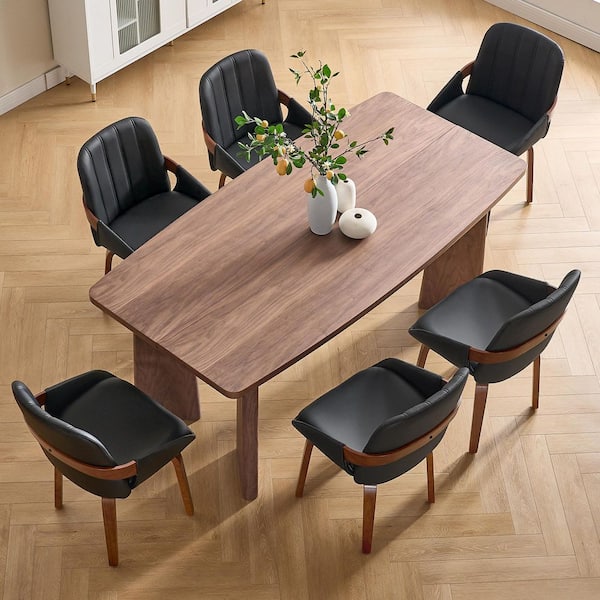 Black Faux Leather Upholstered Swivel Dining Chairs with Bentwood Legs (Set of 6)