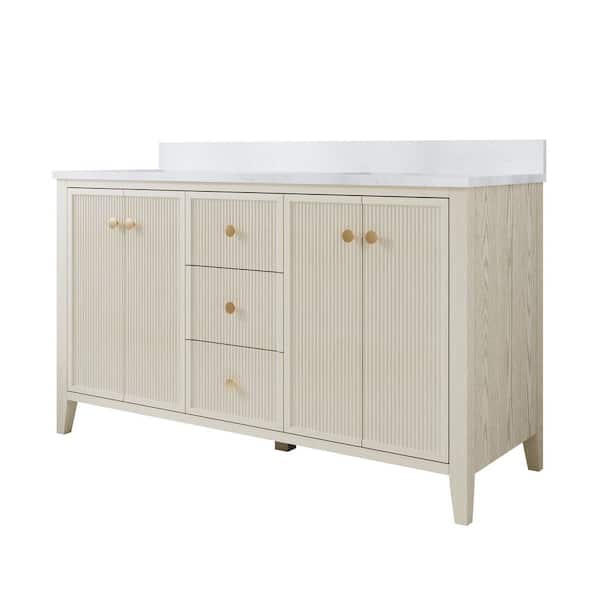 ANITA 60 in. Ash Freestanding Bath Vanity with White Quartz Top, 4 in. Backsplash/BLUM Hinge/DTC Slider, Fully Assembled