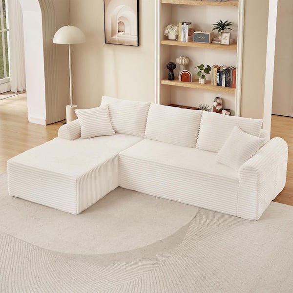 103 in. Corduroy Full Compression Sectional Sofa in White, No Assemble Required
