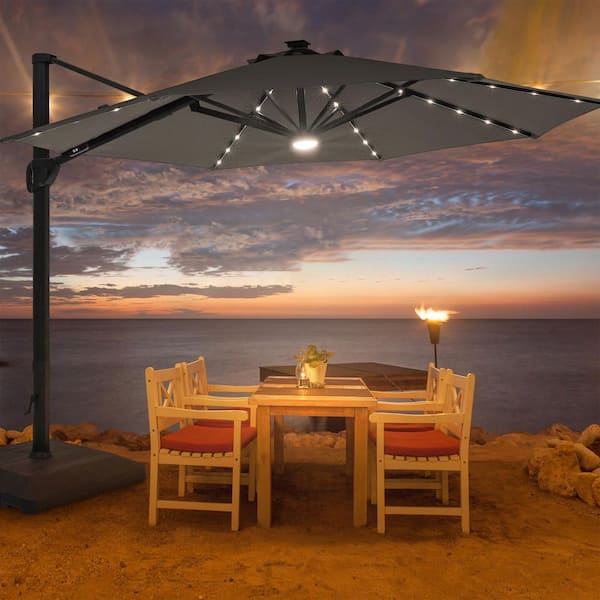 11 ft. Aluminum Cantilever Patio Umbrella with a Base, Outdoor Offset Hanging Rotation with Solar LED Lights in Grey