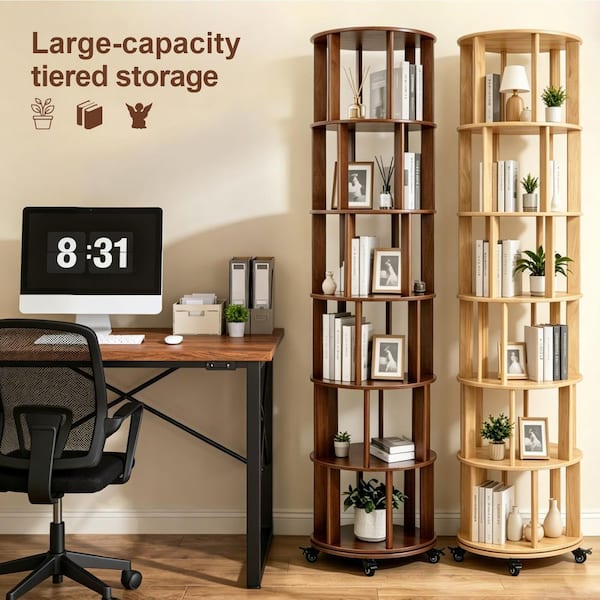 78 in. Tall Walnut Solid Wood 6-Shelf Rotating Bookcase with 360° Swivel, Locking Casters, Space-Saving Display Rack