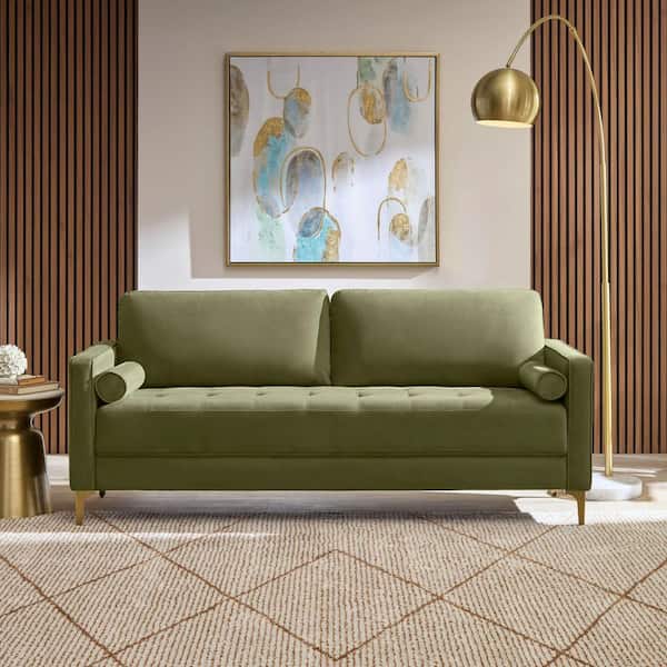 Goodwin 75.6 in. Square Arm Velvet Rectangle Sofa in Olive Green