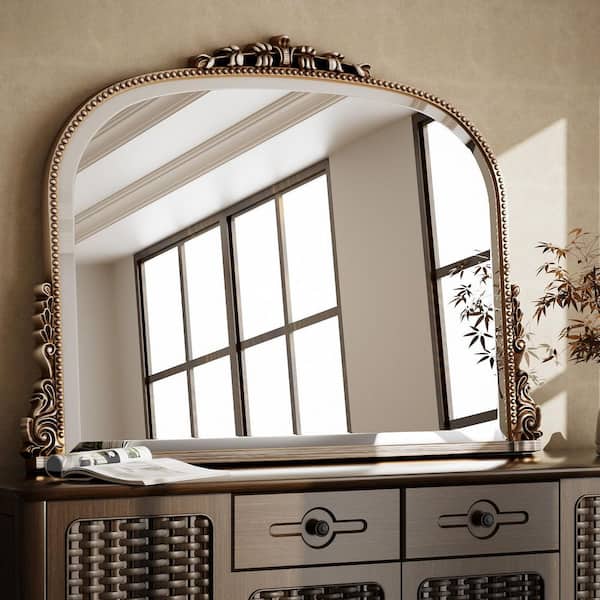 Antique Silver 36 in. W x 27 in. H Arched Polyurethane Framed with Decoration Antique Vanity Wall Mirror