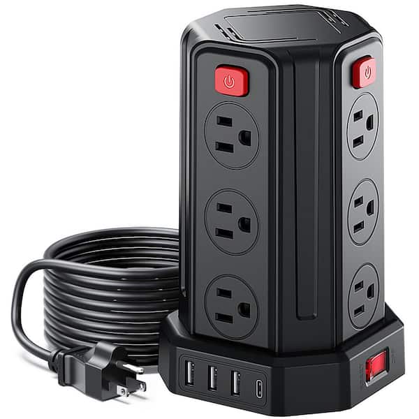 Power Strip 6.5 ft. 12-Outlet 3-Ports 1-Ports Surge Protector with 4-Switches and Multiple Protection Functions Black