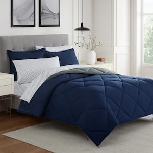 Sleep Solutions Caiden 7-Piece Navy/Grey Solid Polyester Queen Bed in a Bag