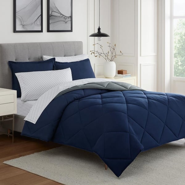 Eclipse Sleep Solutions Caiden 7-Piece Navy/Grey Solid Polyester Queen Bed in a Bag