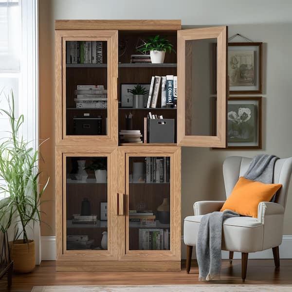62 in. Tall Natural Wood 4-Shelf Standard Bookcase with Adjustable Shelves, Glass Doors Storage