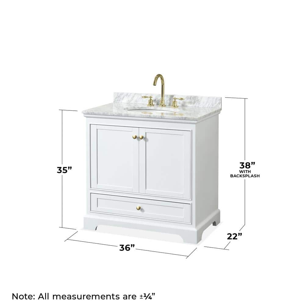 Deborah 36" White and Gold Single Bathroom Vanity with Marble Countertop