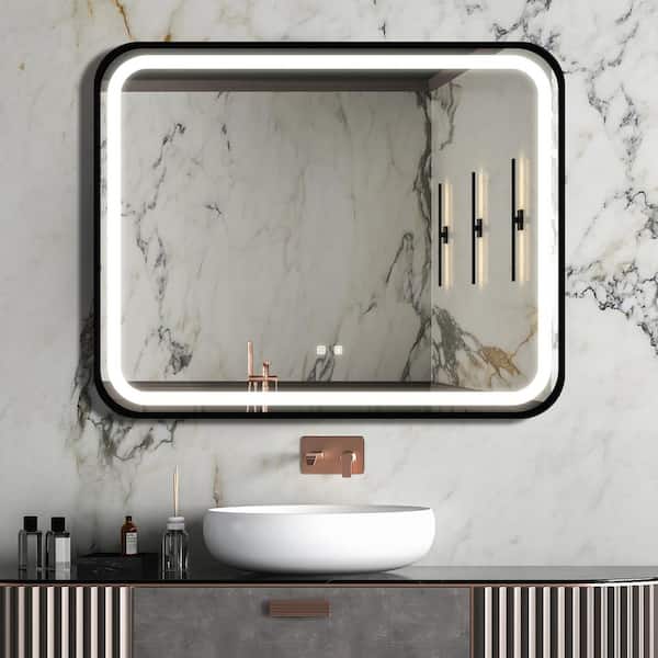 40 in. W x 32 in. H Rectangular Anti-Fog Frameless LED Lighted Wall Mounted Bathroom Vanity Mirror in Black
