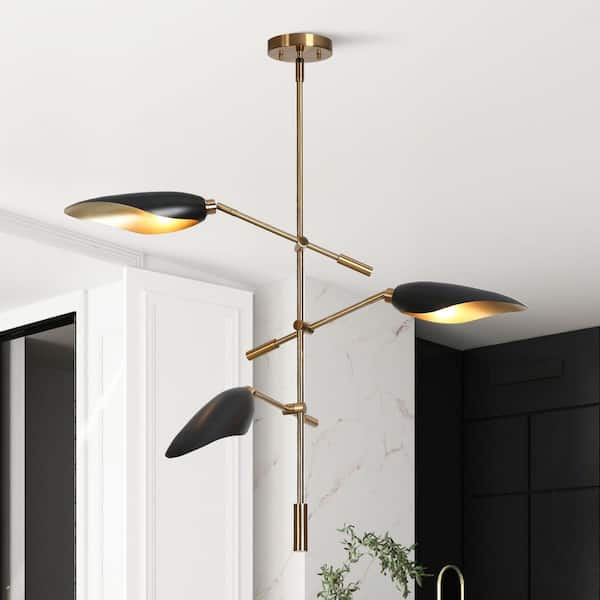 Toltehcwe Modern 3-Light Sputnik Chandelier with Brass and Black Shade, Industrial Adjustable Living Room Pendant Light