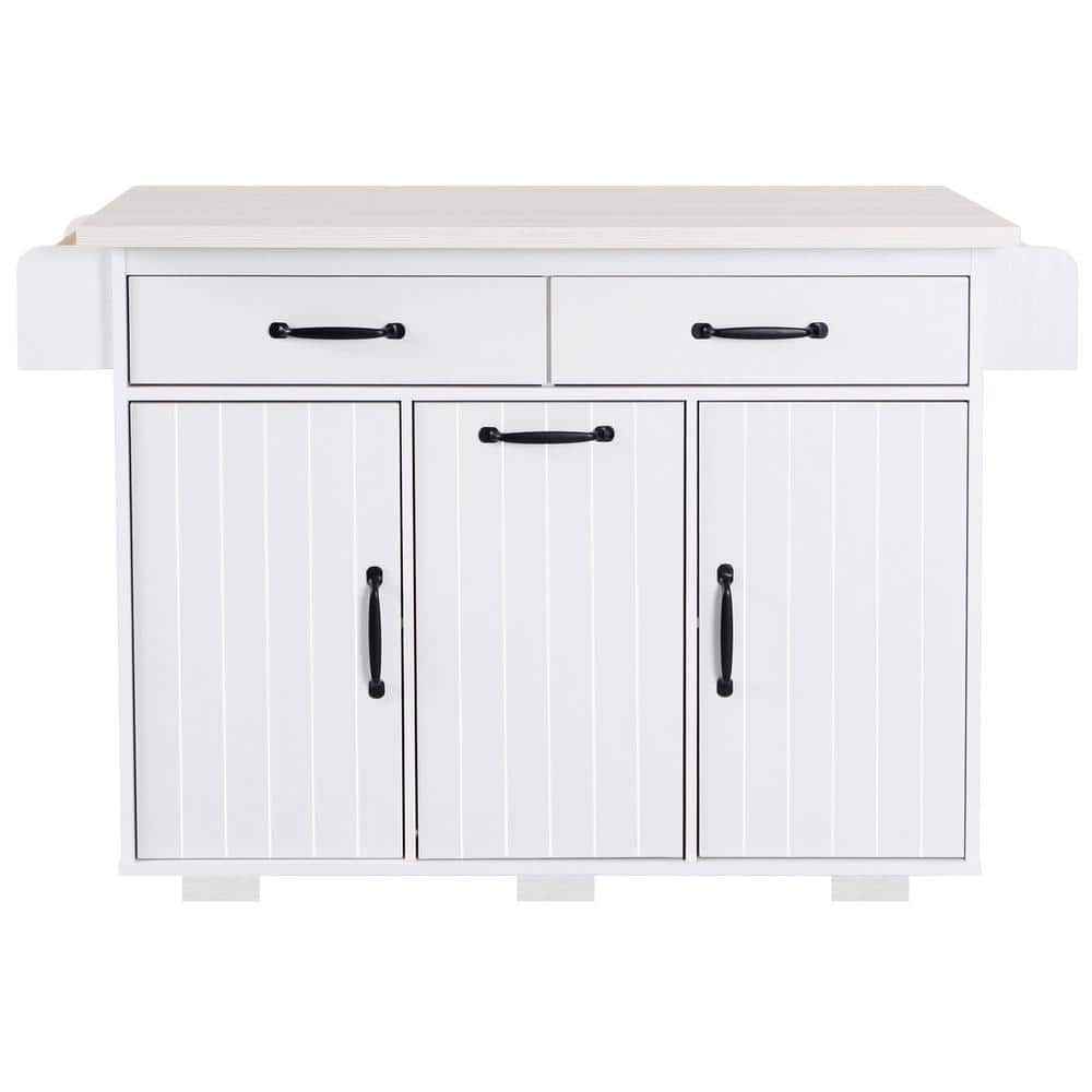 51.06 in. White Eco-friendly P2 Panel Large Kitchen Island Kitchen Storage Island with Trash Can Folding Leaf and Wheels price history on PriceWatchPro