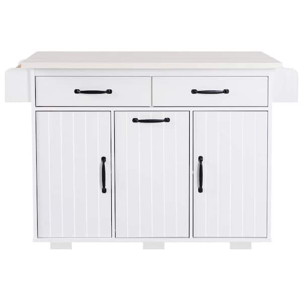 Tunearary 51.06 in. White Eco-friendly P2 Panel Large Kitchen Island Kitchen Storage Island with Trash Can Folding Leaf and Wheels
