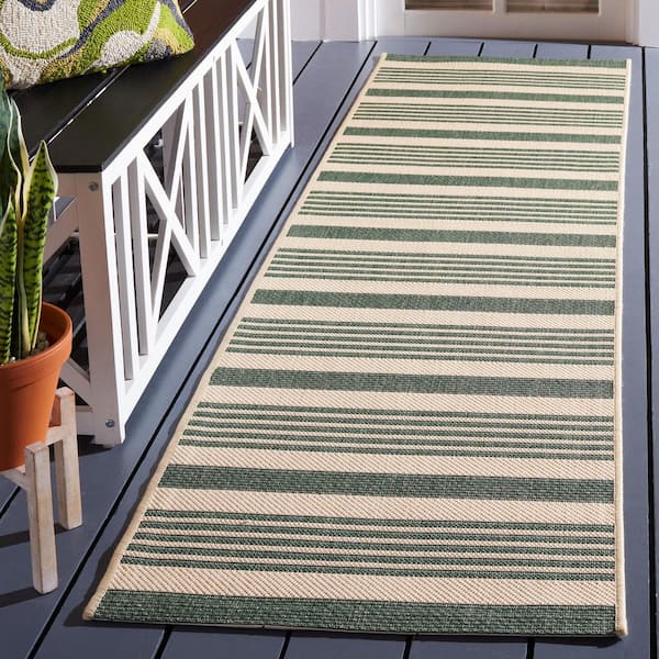 Courtyard Beige/Dark Green 2 ft. x 18 ft. Striped Indoor/Outdoor Runner Rug