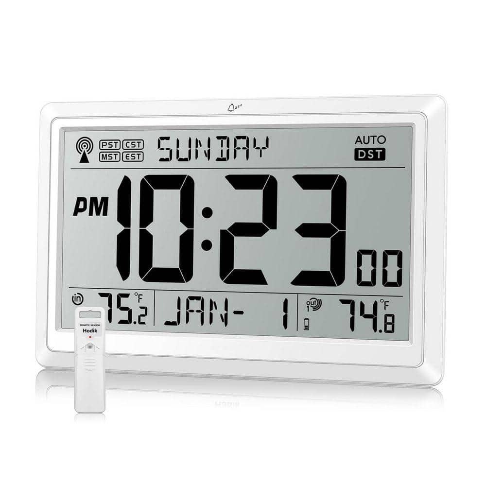 9 in. White Wall Clock Atomic with Indoor Outdoor Temperature