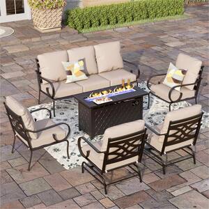 Black Metal 7 Seat 6-Piece Steel Outdoor Fire Pit Patio Set With Beige Cushions, Black Rectangular Fire Pit Table