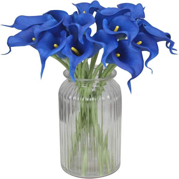 INNOBULE 13.4 in. Navy Blue Indoor Artificial Calla Lily Flower Wedding Bouquet Lataex Real Touch in Clear Container (20pcs)