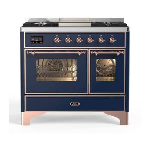 Majestic II 40 in. Double Oven Dual Fuel Range with 6 Sealed Burners, Glass Door, Copper Trim in Midnight Blue