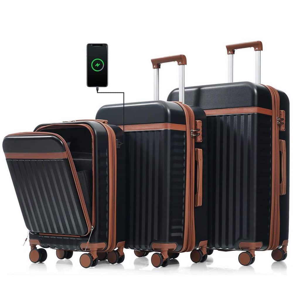 LIVACA 3-Piece Black ABS Plastic Hardside Spinner Luggage Set with