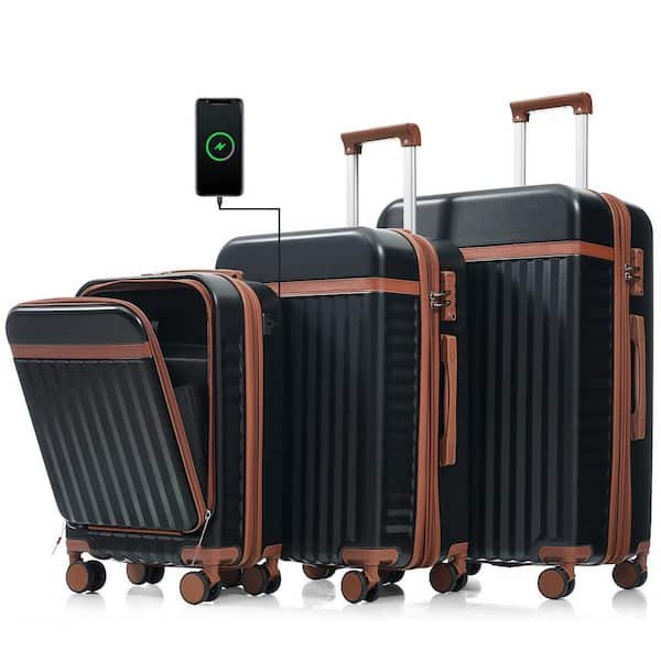 LIVACA 3-Piece Black ABS Plastic Hardside Spinner Luggage Set with