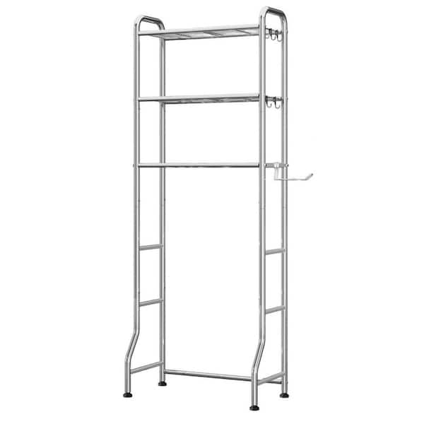 1-Piece Metal Over Toilet Bath Organizer Shelf Over The Toilet Storage Cabinet, Paper Holder Hooks 3 Tiers in Silver