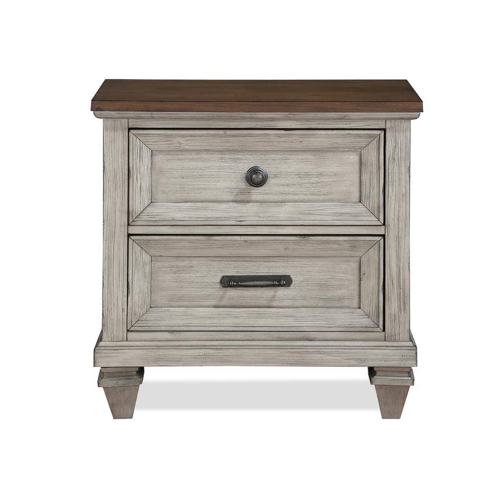 Mariana Vintage Cream and Brown 2-Drawer Solid Wood Nightstand
