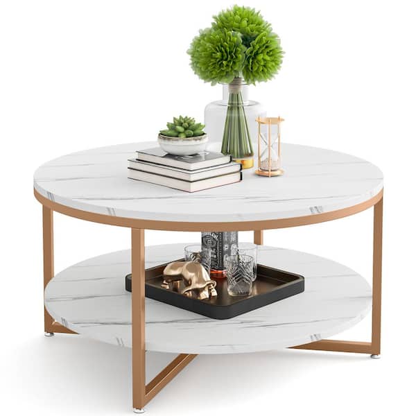 BYBLIGHT Allan 35.4 in. White Tabletop Round Coffee Table with Gold Metal Legs Open Storage Shelf