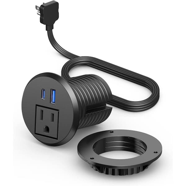 Ahfiwaso 1-Outlet AC 20-Watt Desktop Power Grommet with 2-USB Ports and 6 ft. Cable - Slim Outlet Extender in Black
