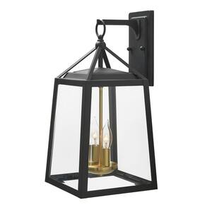 Blakeley Transitional 2-Light Black and Brass Hardwired Outdoor Wall Lantern Sconce with Beveled Glass