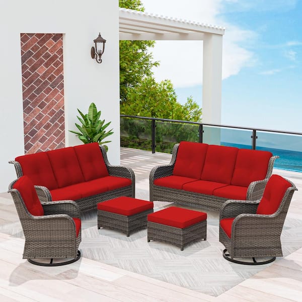 MeetLeisure Brown 6-Piece Wicker Patio Conversation Set Rattan Seating Set with Red Cushion