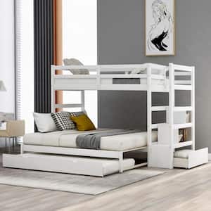 Extendable White Twin over Twin/King Wood Bunk Bed with Twin Size Trundle, Storage Staircase, 3-Drawer, Shelves