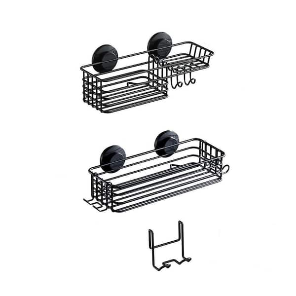 12.09 in. L 4.45 in. H Stainless Steel Suction Mounted Shower Shelf in Black Rustproof Fast Draining Hooks Soap Holder
