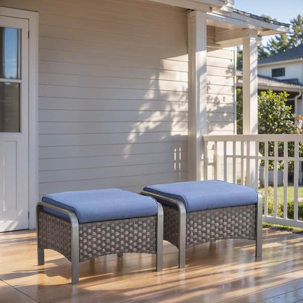Farmhouse Brown Wicker Outdoor Ottoman with Blue Cushions and Edge Support Design (2-Pack)